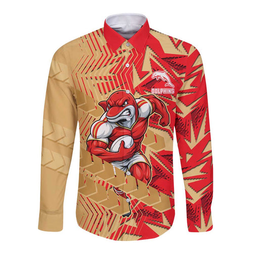Dolphins Rugby Long Sleeve Button Shirt Fierce Mascot Geometric Tribal Art