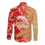 Dolphins Rugby Long Sleeve Button Shirt Fierce Mascot Geometric Tribal Art