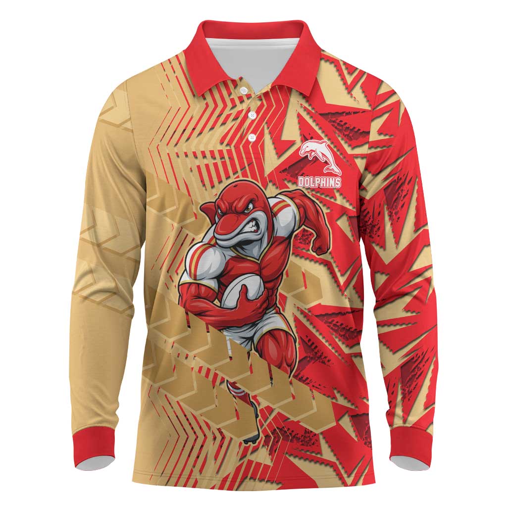Dolphins Rugby Long Sleeve Polo Shirt Fierce Mascot Geometric Tribal Art