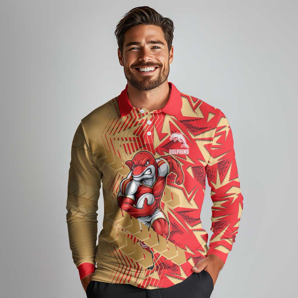 Dolphins Rugby Long Sleeve Polo Shirt Fierce Mascot Geometric Tribal Art