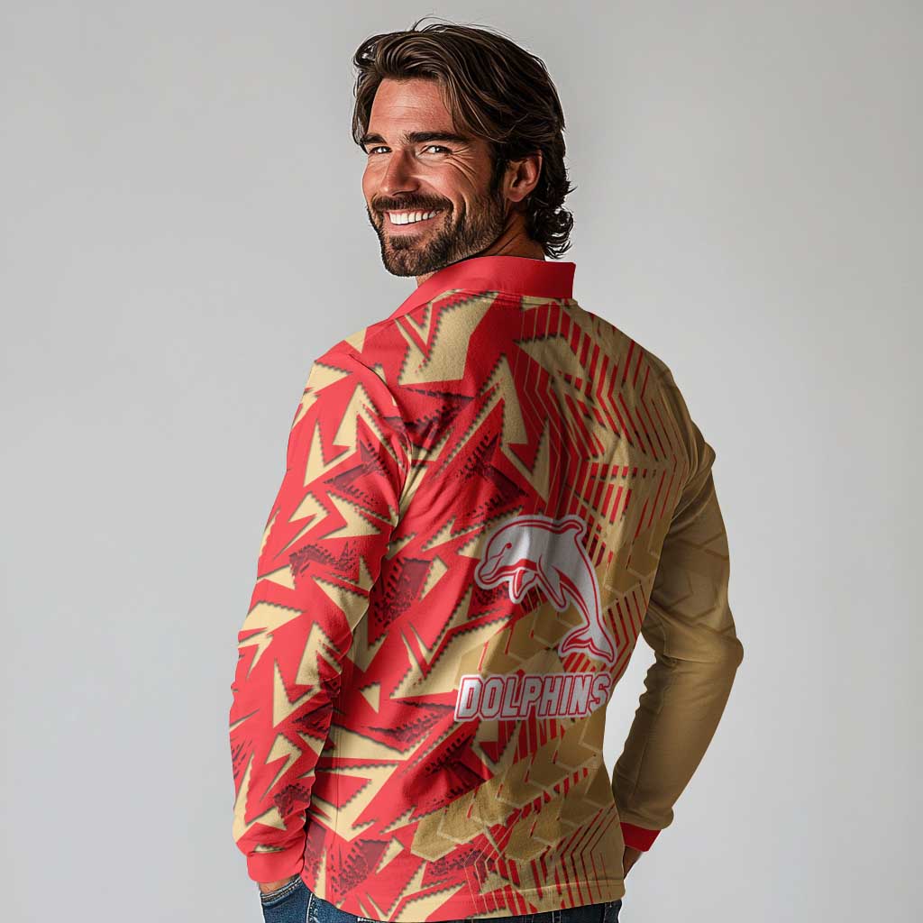 Dolphins Rugby Long Sleeve Polo Shirt Fierce Mascot Geometric Tribal Art