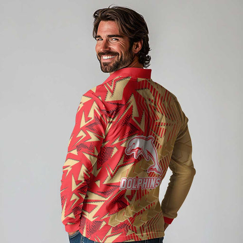 Dolphins Rugby Long Sleeve Polo Shirt Fierce Mascot Geometric Tribal Art