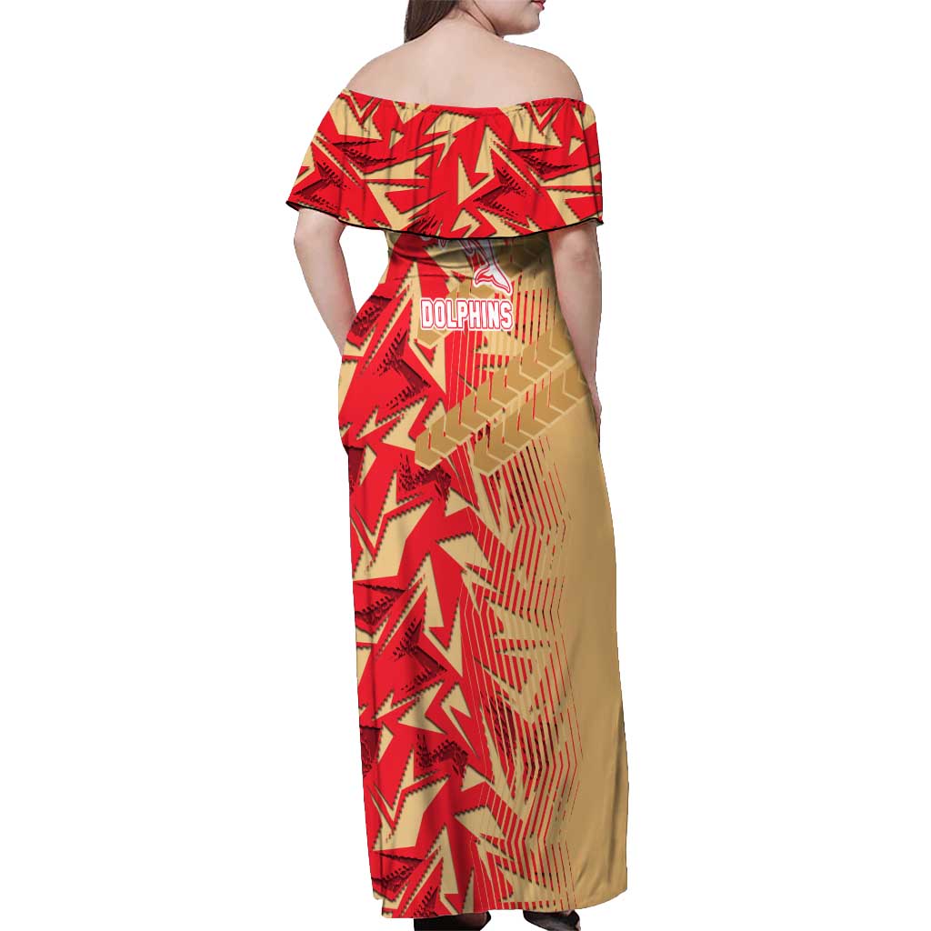 Dolphins Rugby Off Shoulder Maxi Dress Fierce Mascot Geometric Tribal Art