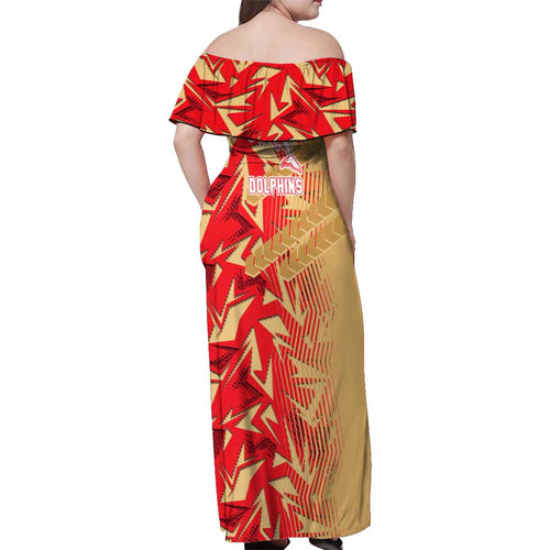 Dolphins Rugby Off Shoulder Maxi Dress Fierce Mascot Geometric Tribal Art