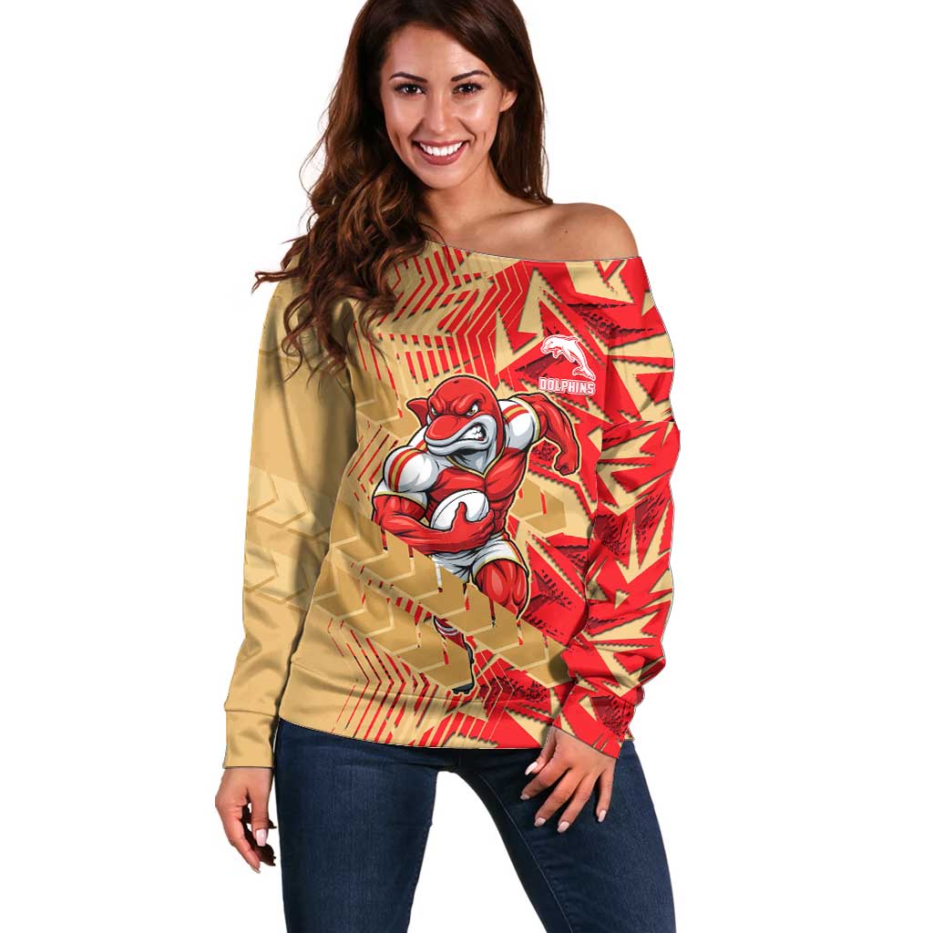 Dolphins Rugby Off Shoulder Sweater Fierce Mascot Geometric Tribal Art