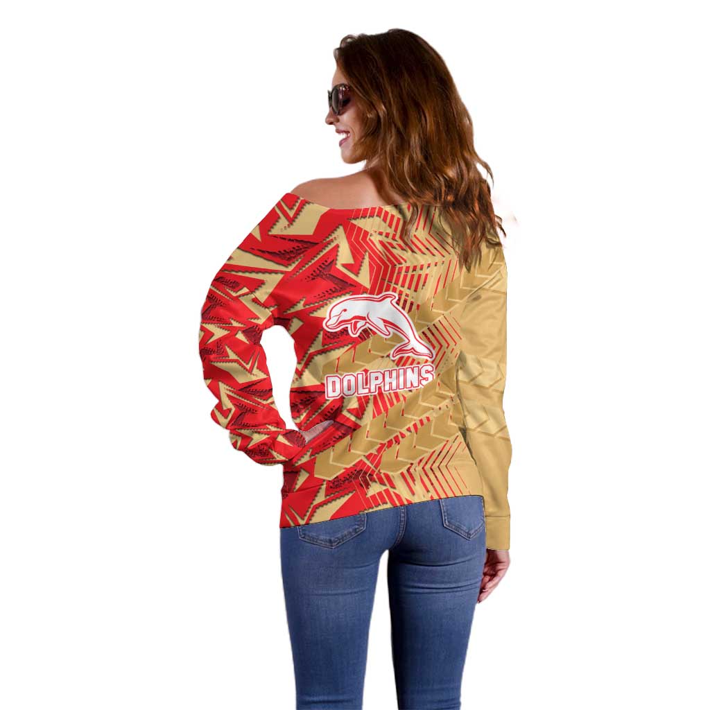 Dolphins Rugby Off Shoulder Sweater Fierce Mascot Geometric Tribal Art