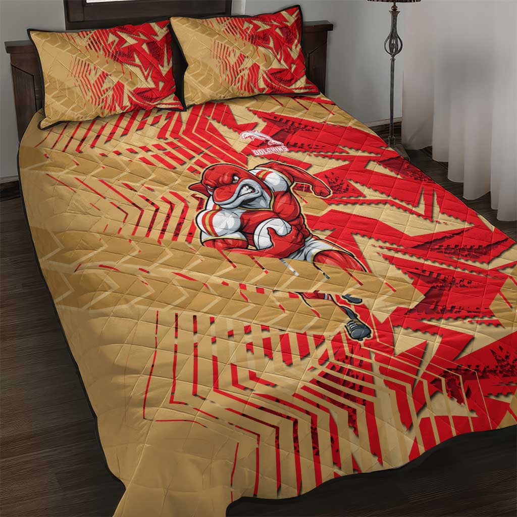 Dolphins Rugby Quilt Bed Set Fierce Mascot Geometric Tribal Art