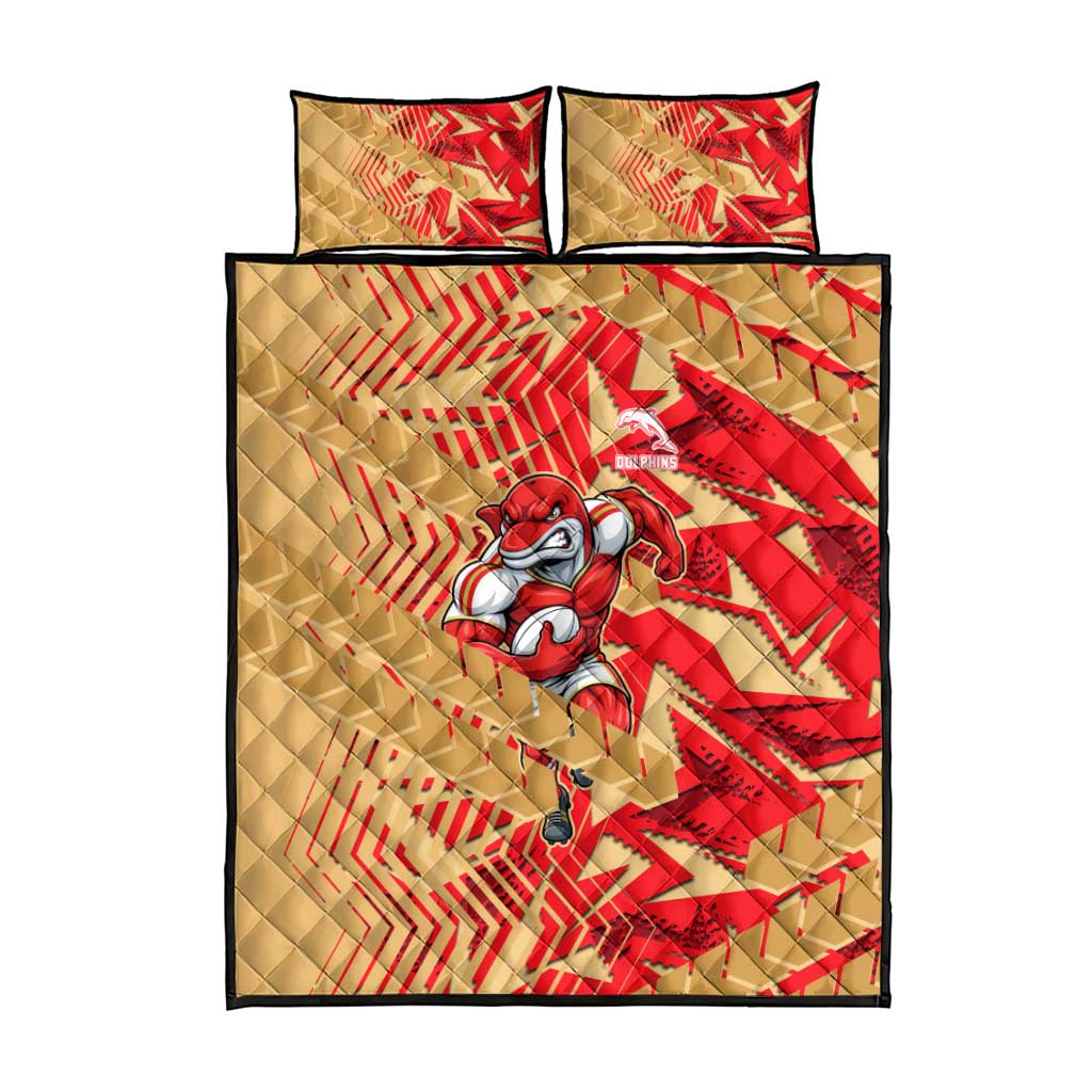Dolphins Rugby Quilt Bed Set Fierce Mascot Geometric Tribal Art