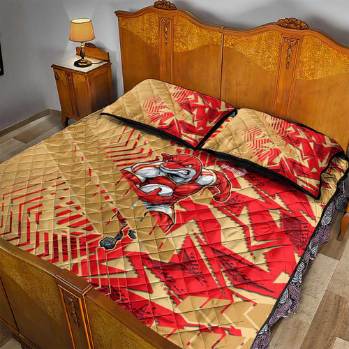 Dolphins Rugby Quilt Bed Set Fierce Mascot Geometric Tribal Art