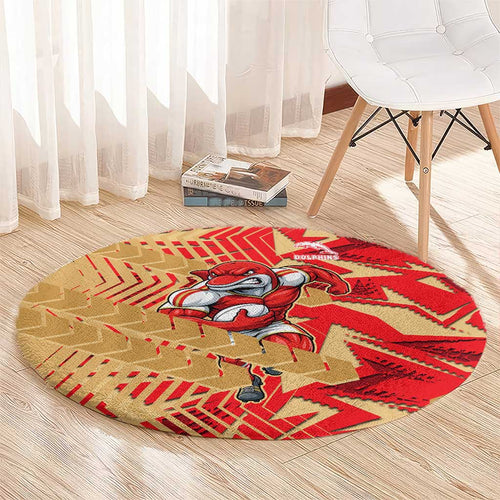 Dolphins Rugby Round Carpet Fierce Mascot Geometric Tribal Art
