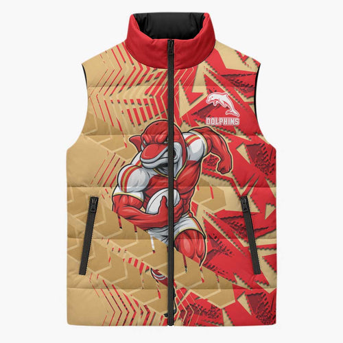Dolphins Rugby Sleeveless Puffer Jacket Fierce Mascot Geometric Tribal Art