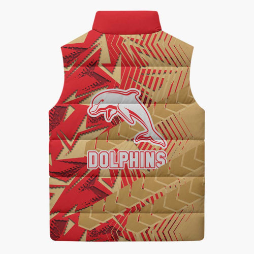 Dolphins Rugby Sleeveless Puffer Jacket Fierce Mascot Geometric Tribal Art