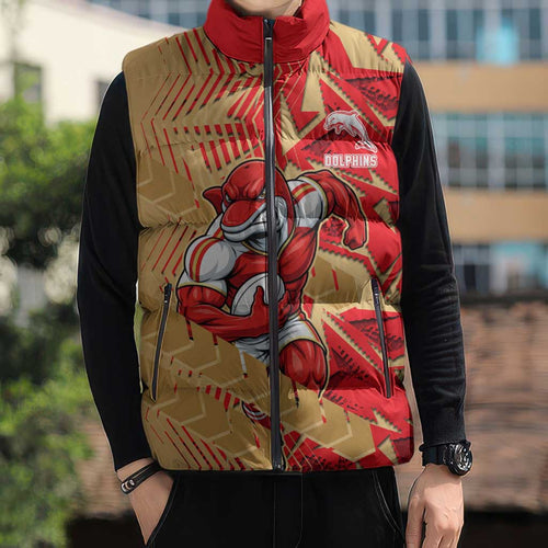 Dolphins Rugby Sleeveless Puffer Jacket Fierce Mascot Geometric Tribal Art