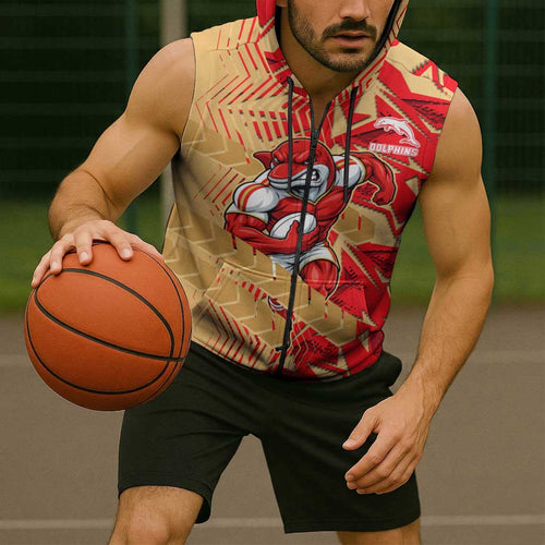 Dolphins Rugby Sleeveless Zip Hoodie Fierce Mascot Geometric Tribal Art