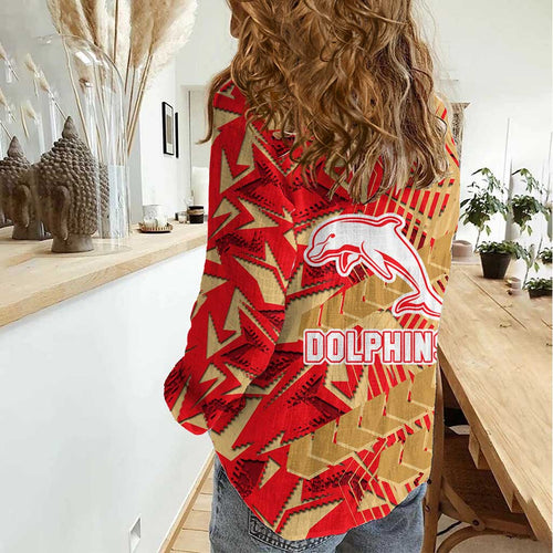 Dolphins Rugby Women Casual Shirt Fierce Mascot Geometric Tribal Art