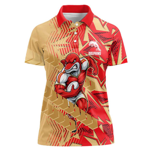 Dolphins Rugby Women Polo Shirt Fierce Mascot Geometric Tribal Art