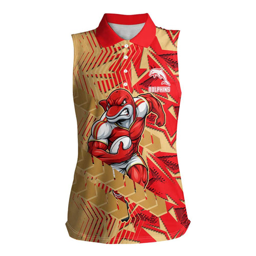 Dolphins Rugby Women Sleeveless Polo Shirt Fierce Mascot Geometric Tribal Art