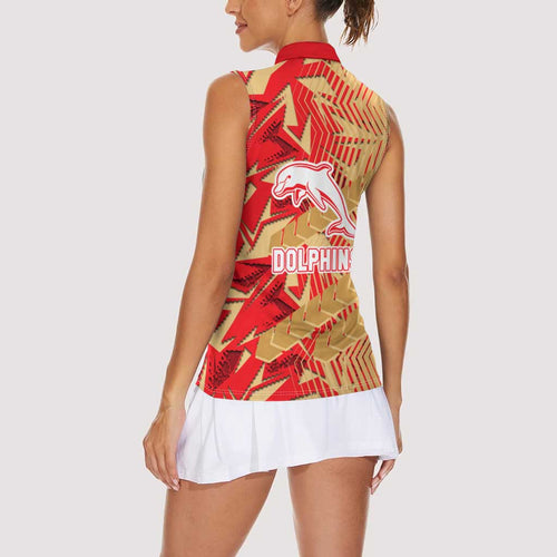 Dolphins Rugby Women Sleeveless Polo Shirt Fierce Mascot Geometric Tribal Art
