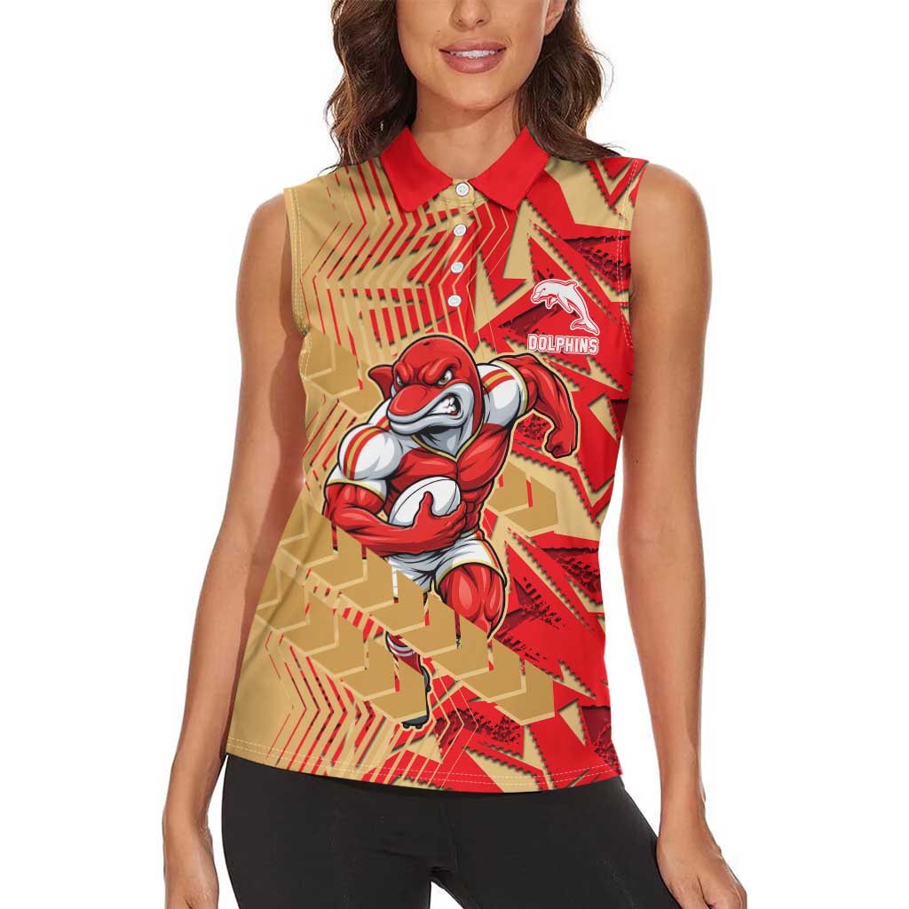 Dolphins Rugby Women Sleeveless Polo Shirt Fierce Mascot Geometric Tribal Art