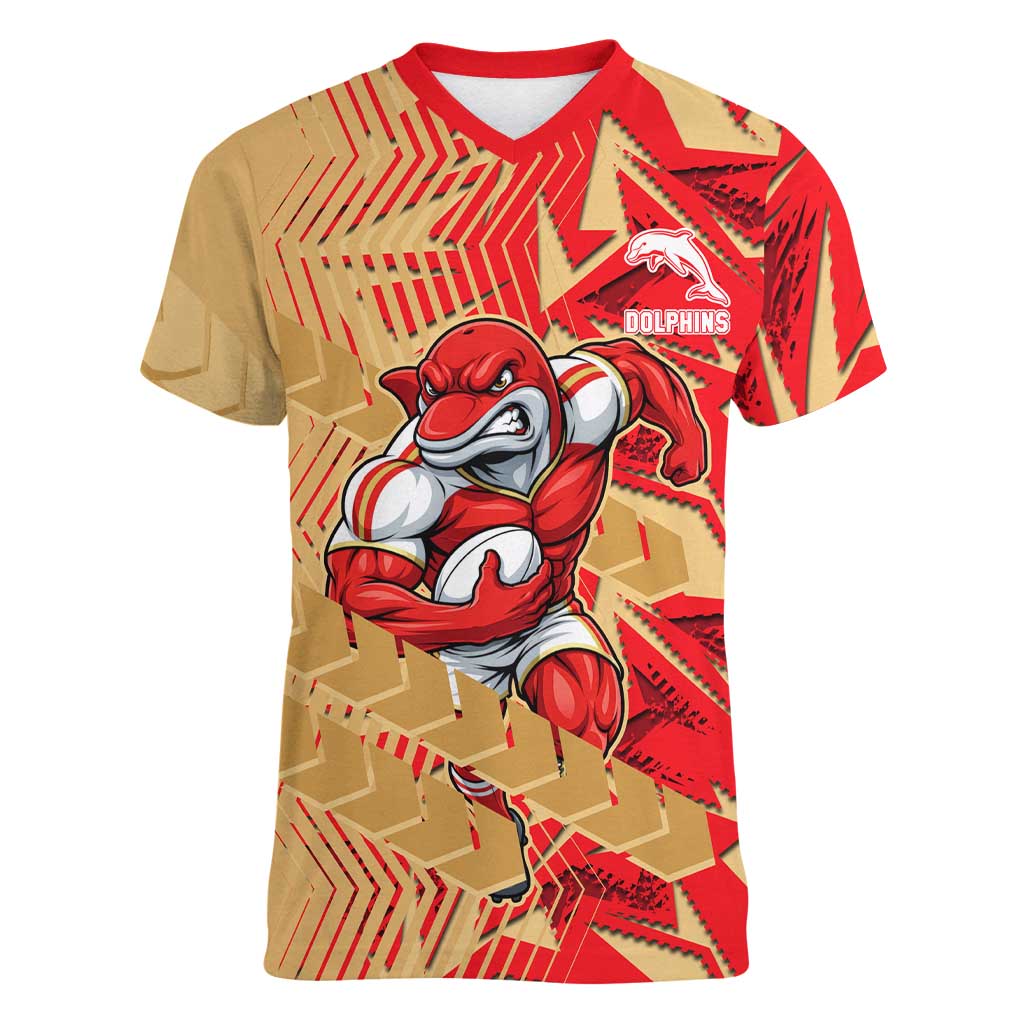 Dolphins Rugby Women V-Neck T-Shirt Fierce Mascot Geometric Tribal Art