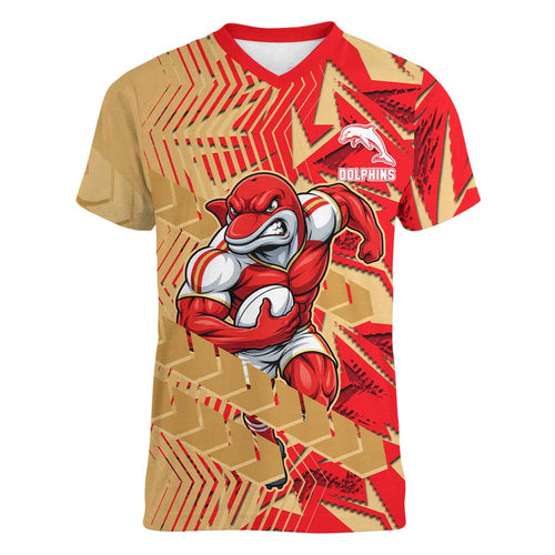 Dolphins Rugby Women V-Neck T-Shirt Fierce Mascot Geometric Tribal Art