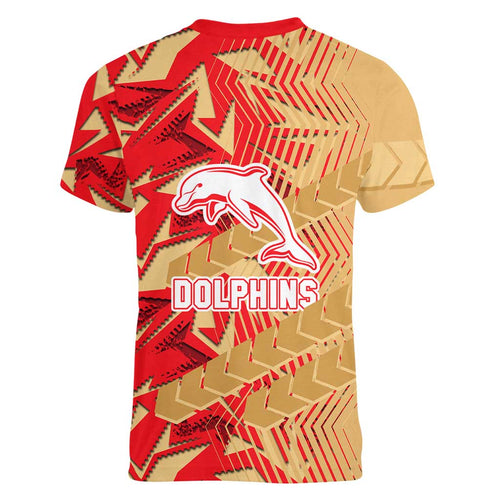Dolphins Rugby Women V-Neck T-Shirt Fierce Mascot Geometric Tribal Art
