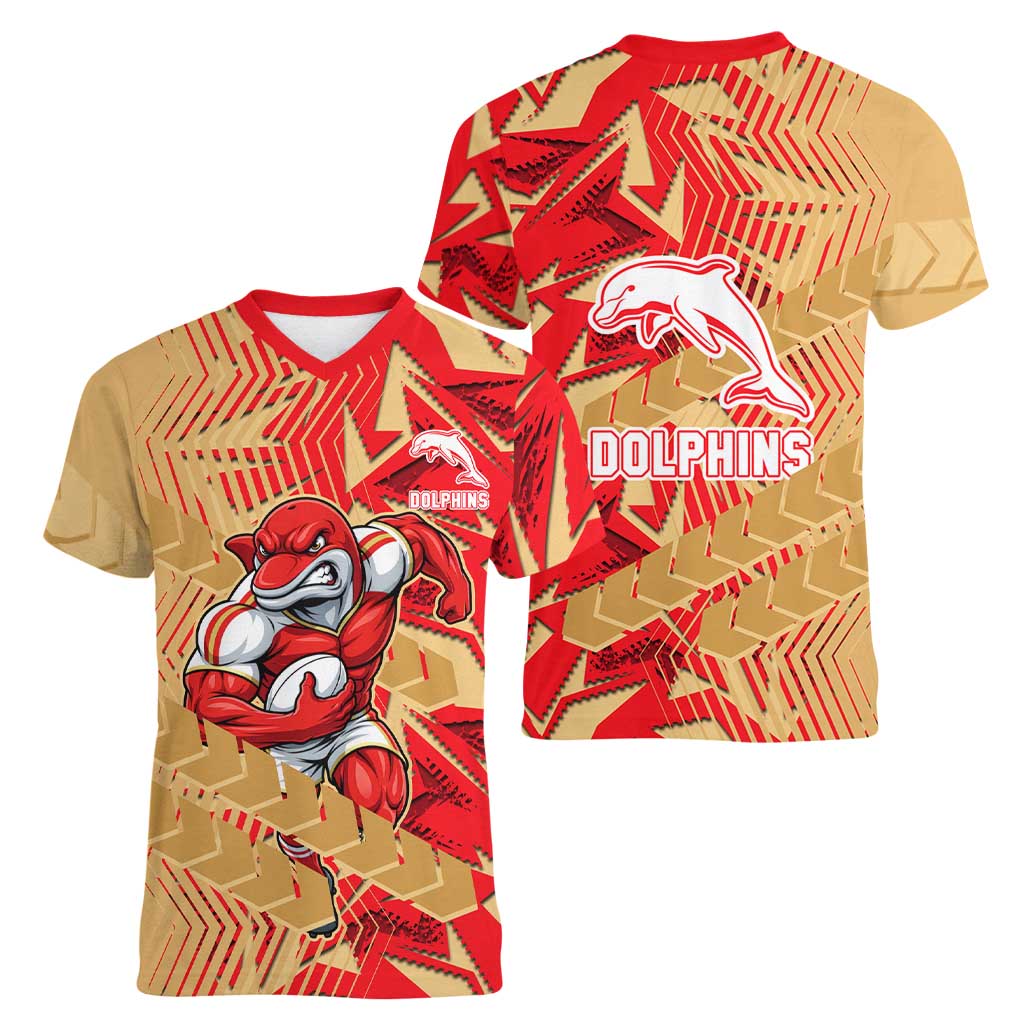 Dolphins Rugby Women V-Neck T-Shirt Fierce Mascot Geometric Tribal Art