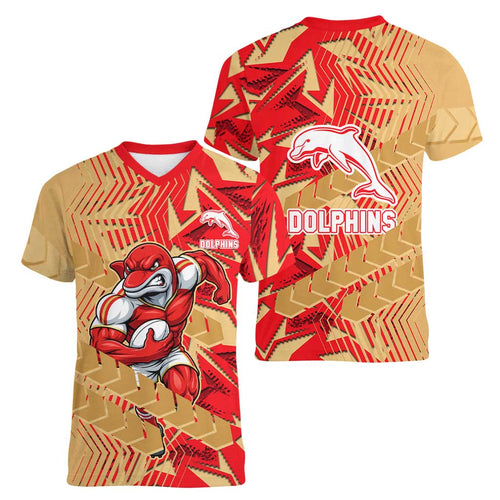 Dolphins Rugby Women V-Neck T-Shirt Fierce Mascot Geometric Tribal Art