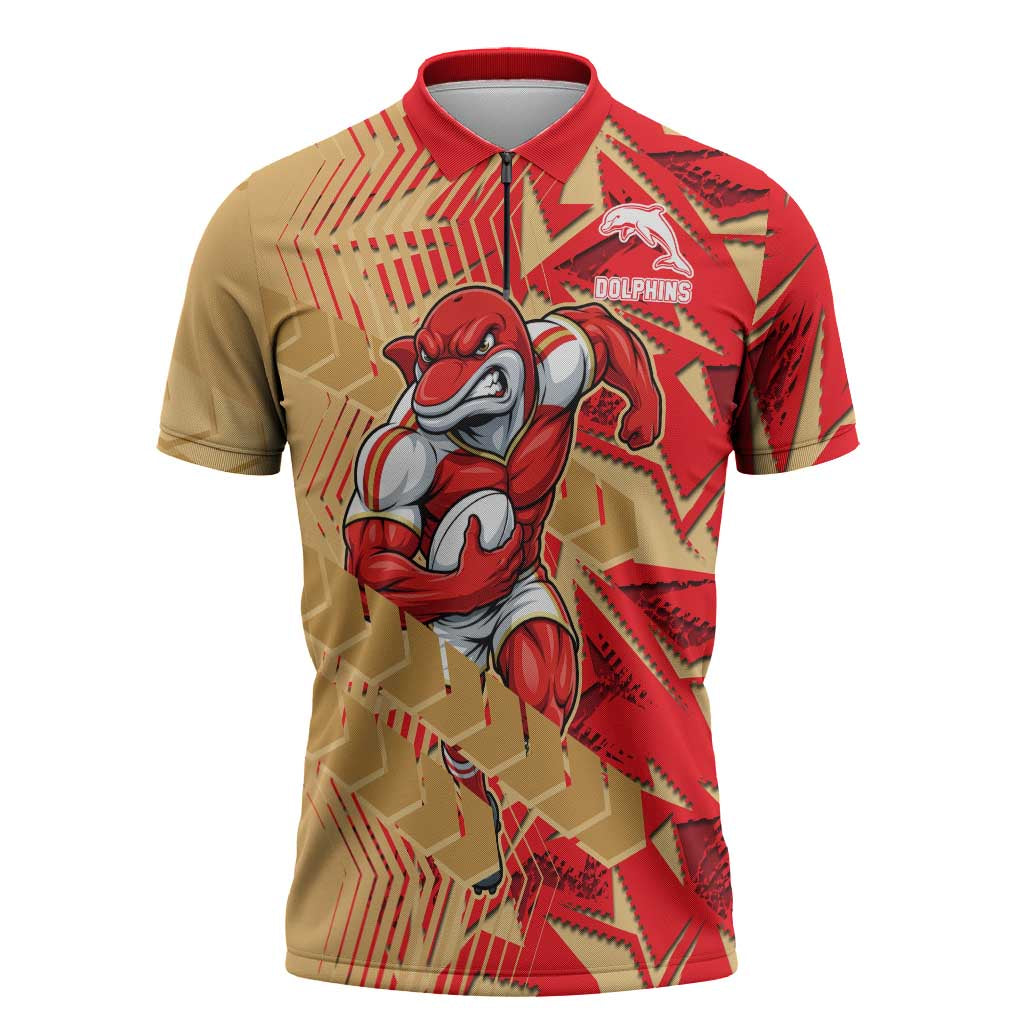 Dolphins Rugby Zipper Polo Shirt Fierce Mascot Geometric Tribal Art