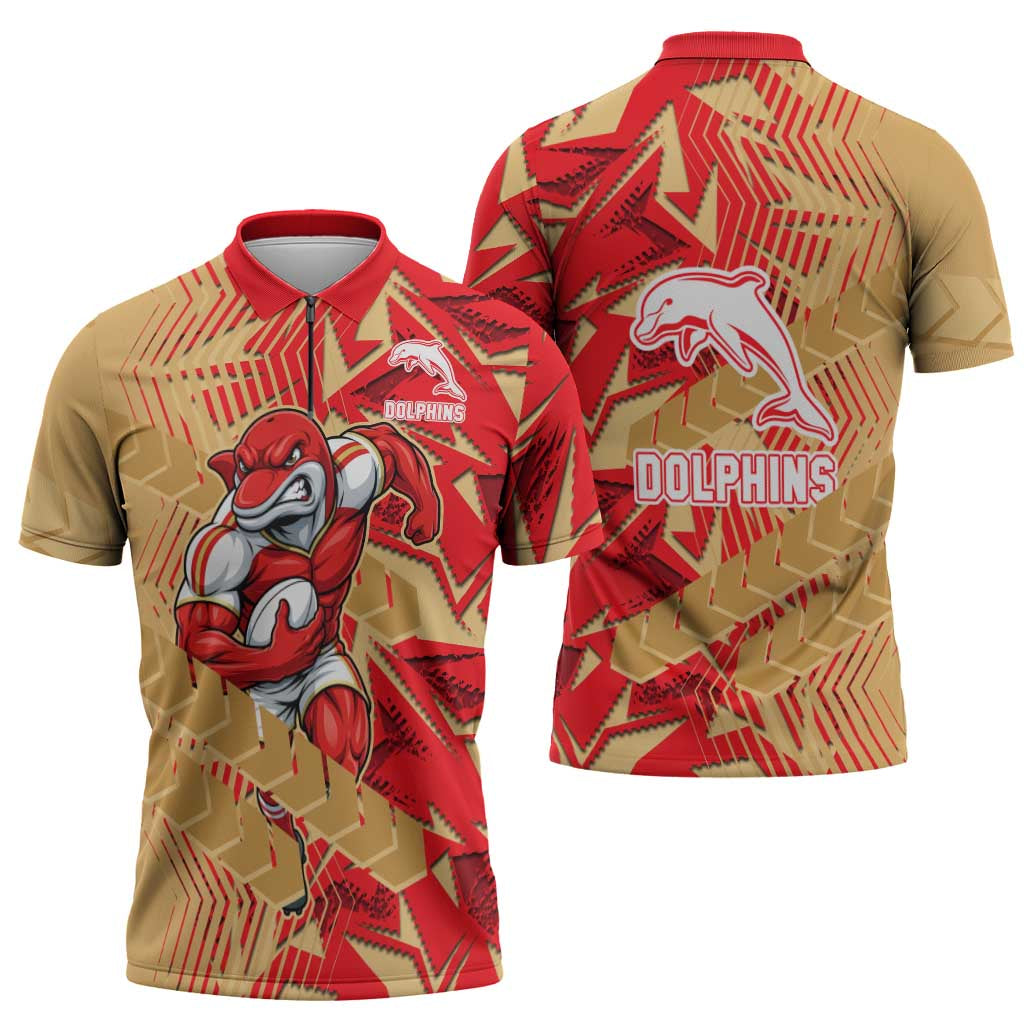 Dolphins Rugby Zipper Polo Shirt Fierce Mascot Geometric Tribal Art