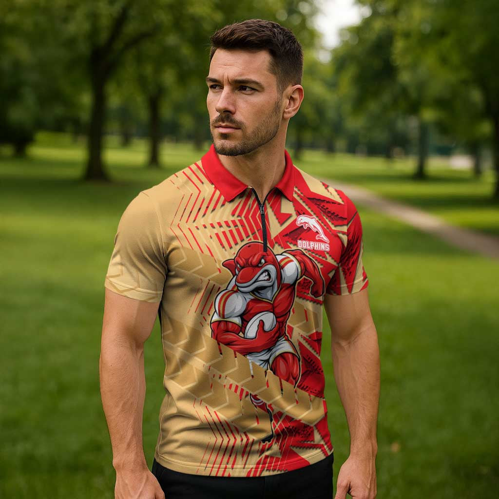 Dolphins Rugby Zipper Polo Shirt Fierce Mascot Geometric Tribal Art