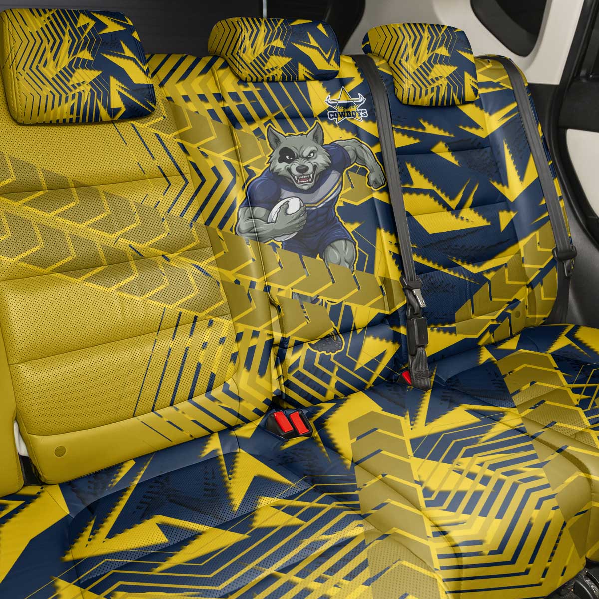 North Queensland Cowboys Rugby Back Car Seat Cover Fierce Mascot Geometric Tribal Art