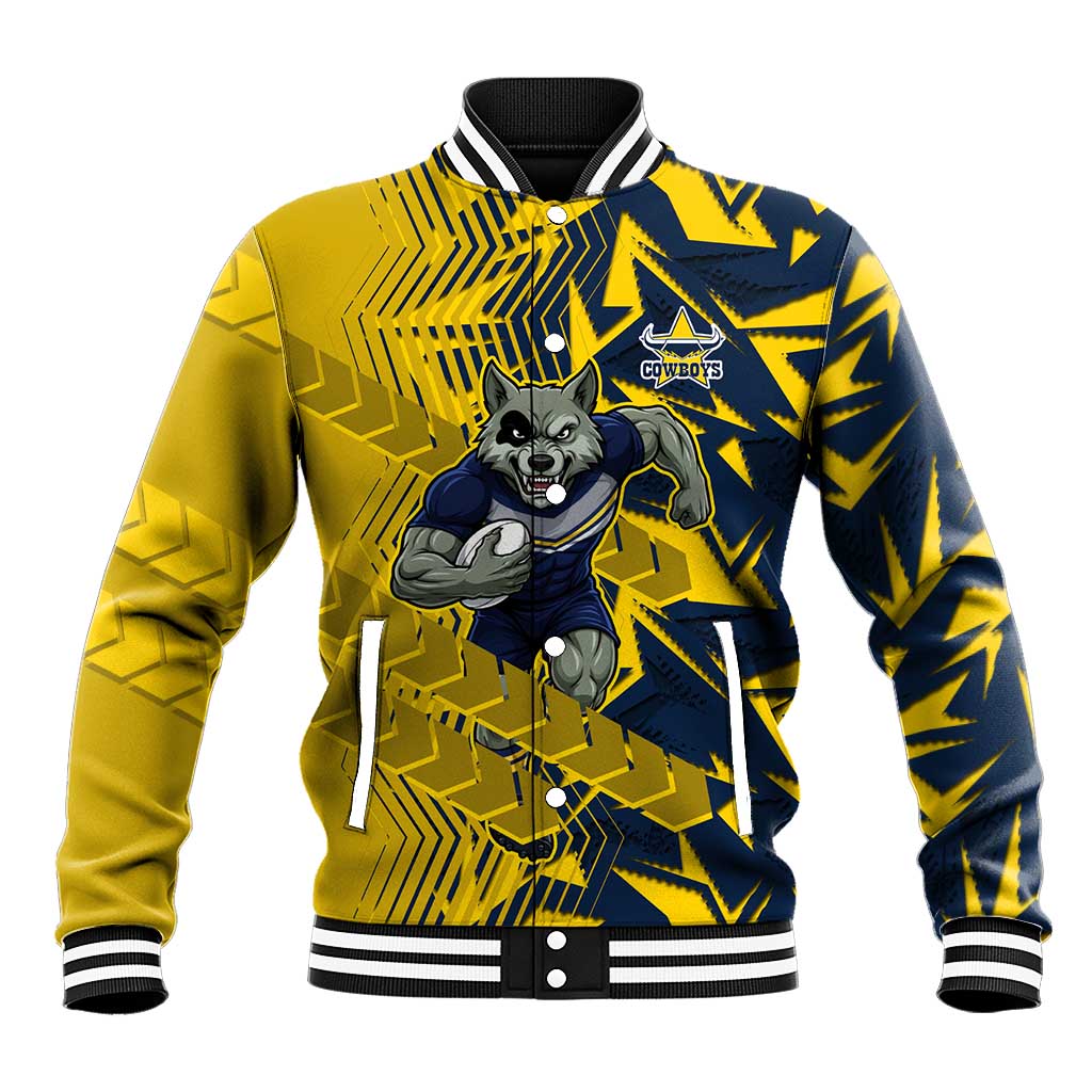 North Queensland Cowboys Rugby Baseball Jacket Fierce Mascot Geometric Tribal Art