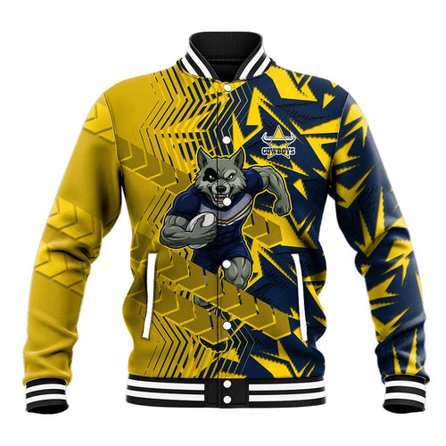 North Queensland Cowboys Rugby Baseball Jacket Fierce Mascot Geometric Tribal Art