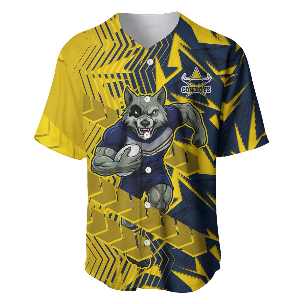 North Queensland Cowboys Rugby Baseball Jersey Fierce Mascot Geometric Tribal Art