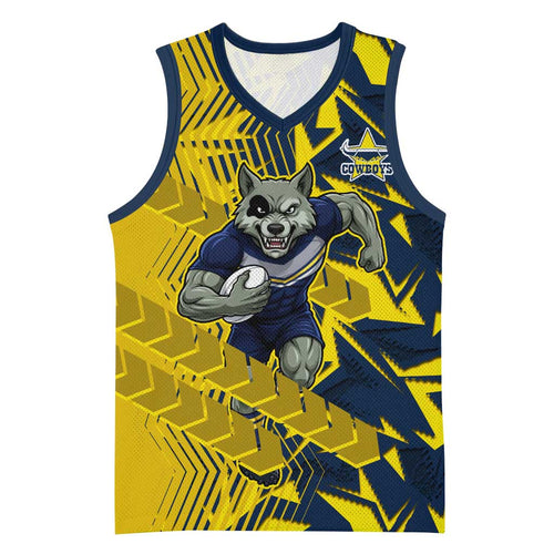 North Queensland Cowboys Rugby Basketball Jersey Fierce Mascot Geometric Tribal Art