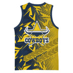 North Queensland Cowboys Rugby Basketball Jersey Fierce Mascot Geometric Tribal Art