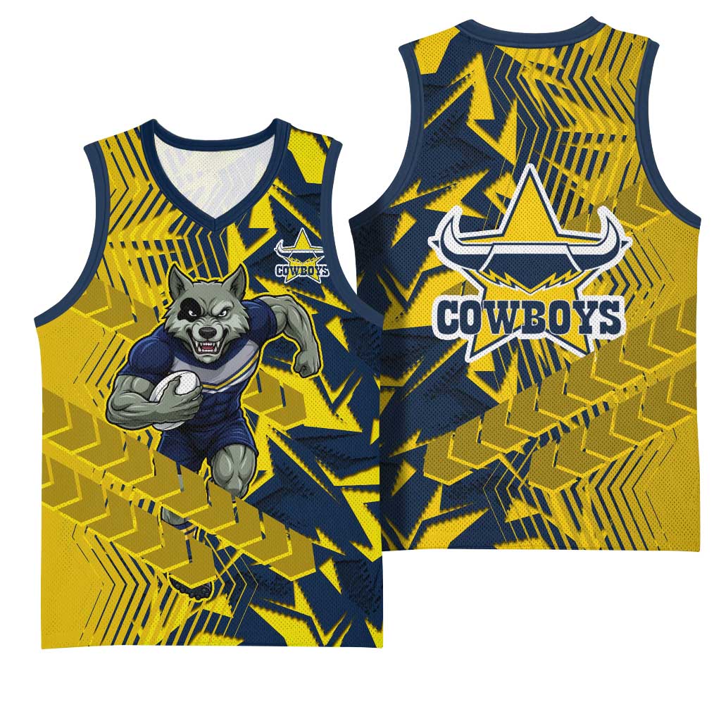 North Queensland Cowboys Rugby Basketball Jersey Fierce Mascot Geometric Tribal Art