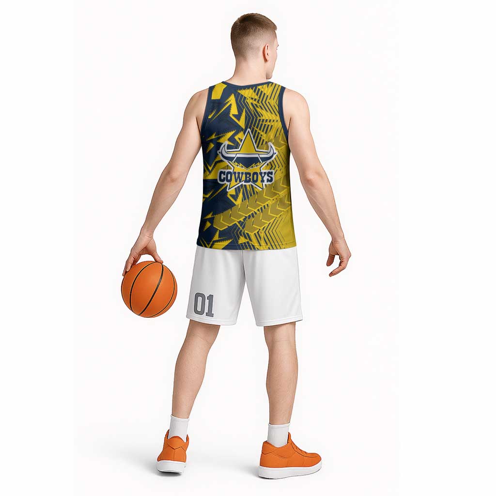 North Queensland Cowboys Rugby Basketball Jersey Fierce Mascot Geometric Tribal Art
