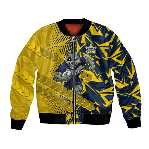 North Queensland Cowboys Rugby Bomber Jacket Fierce Mascot Geometric Tribal Art