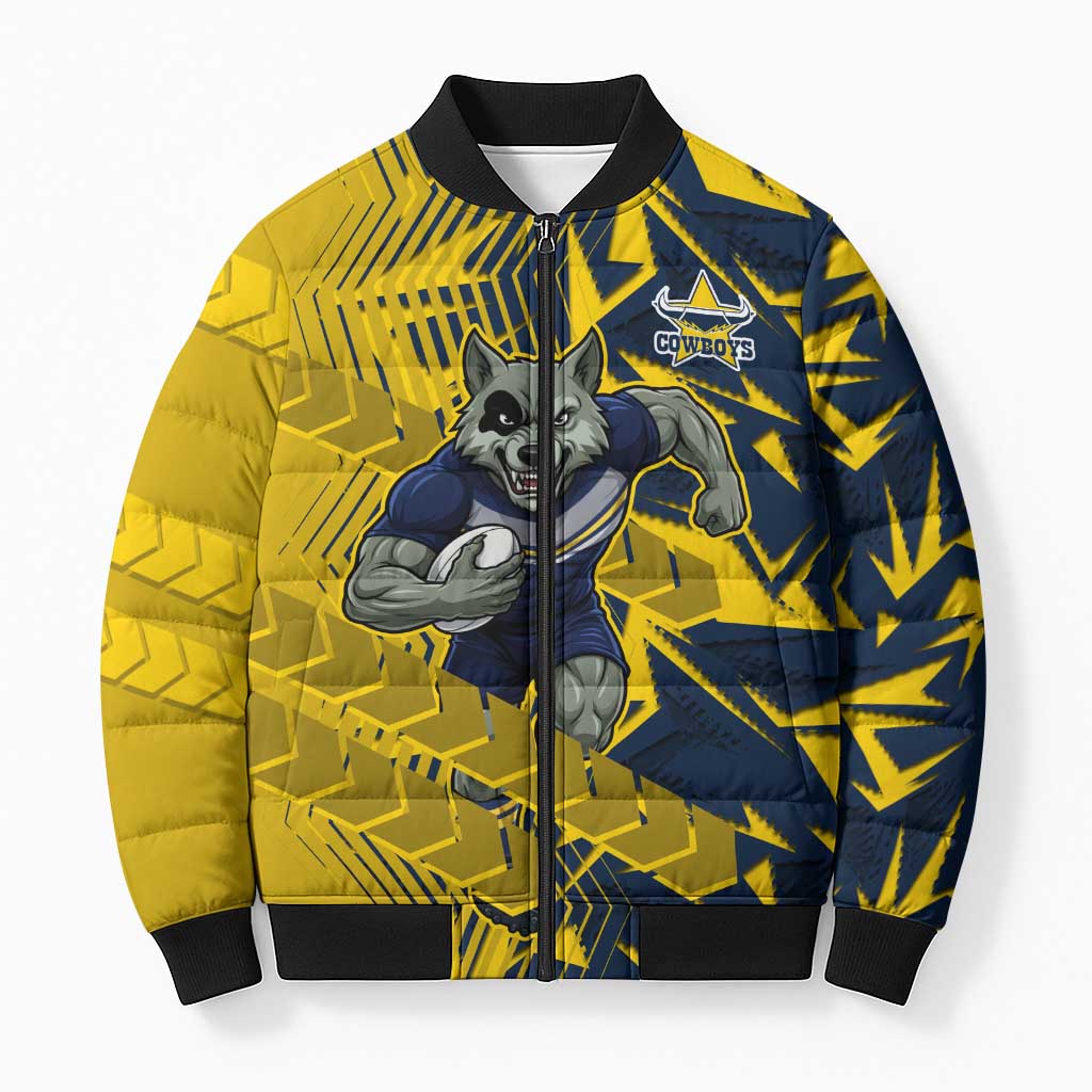 North Queensland Cowboys Rugby Bomber Puffer Jacket Fierce Mascot Geometric Tribal Art