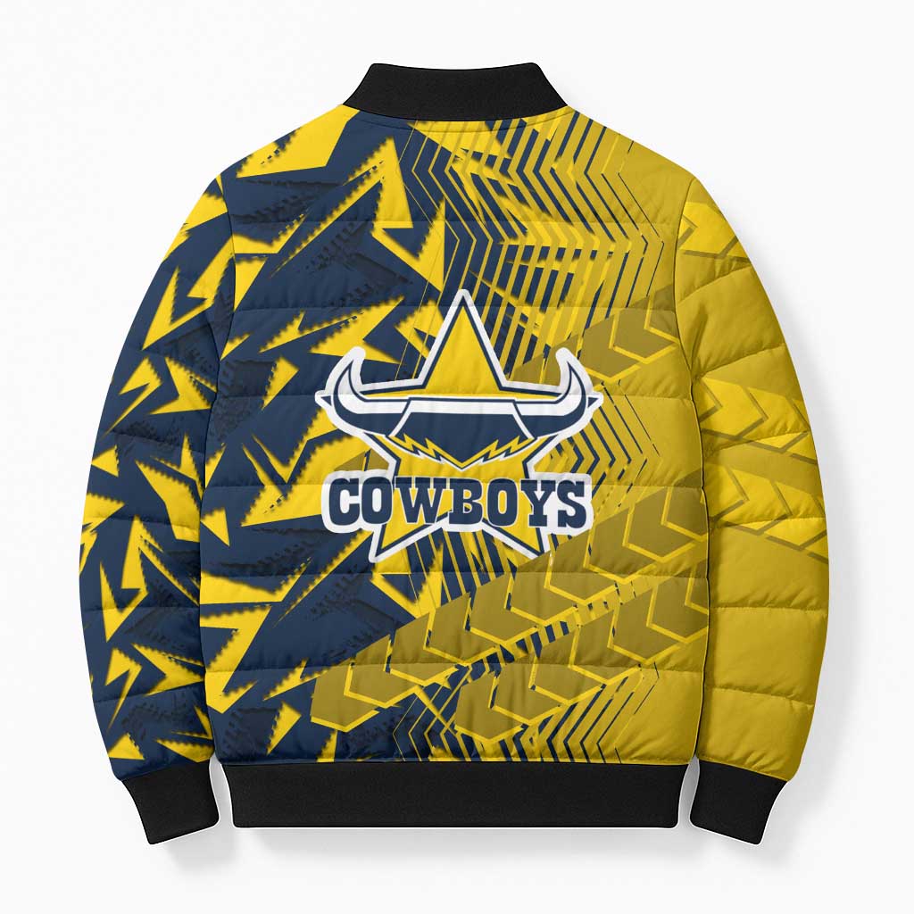 North Queensland Cowboys Rugby Bomber Puffer Jacket Fierce Mascot Geometric Tribal Art