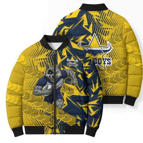 North Queensland Cowboys Rugby Bomber Puffer Jacket Fierce Mascot Geometric Tribal Art