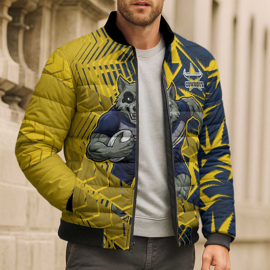 North Queensland Cowboys Rugby Bomber Puffer Jacket Fierce Mascot Geometric Tribal Art