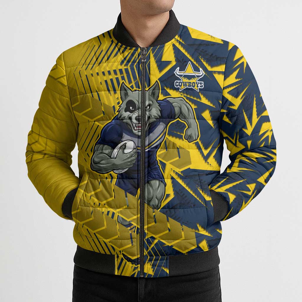 North Queensland Cowboys Rugby Bomber Puffer Jacket Fierce Mascot Geometric Tribal Art