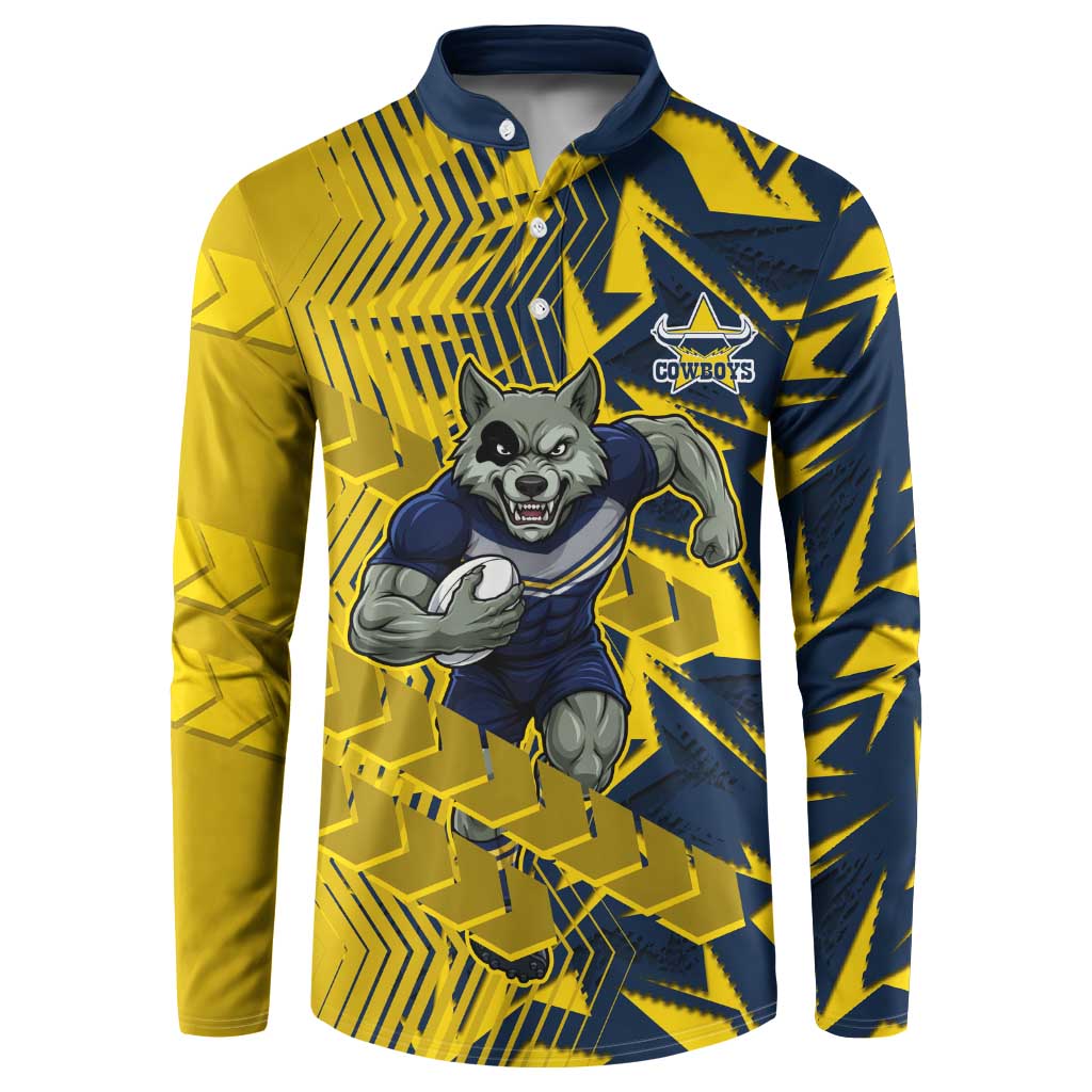 North Queensland Cowboys Rugby Button Sweatshirt Fierce Mascot Geometric Tribal Art