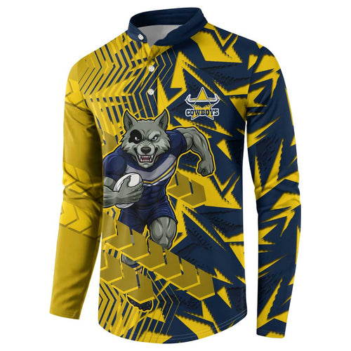 North Queensland Cowboys Rugby Button Sweatshirt Fierce Mascot Geometric Tribal Art