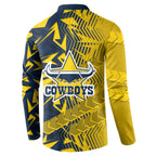 North Queensland Cowboys Rugby Button Sweatshirt Fierce Mascot Geometric Tribal Art