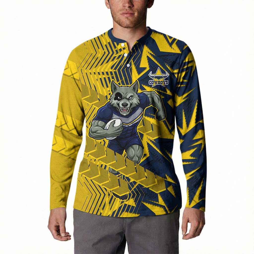 North Queensland Cowboys Rugby Button Sweatshirt Fierce Mascot Geometric Tribal Art