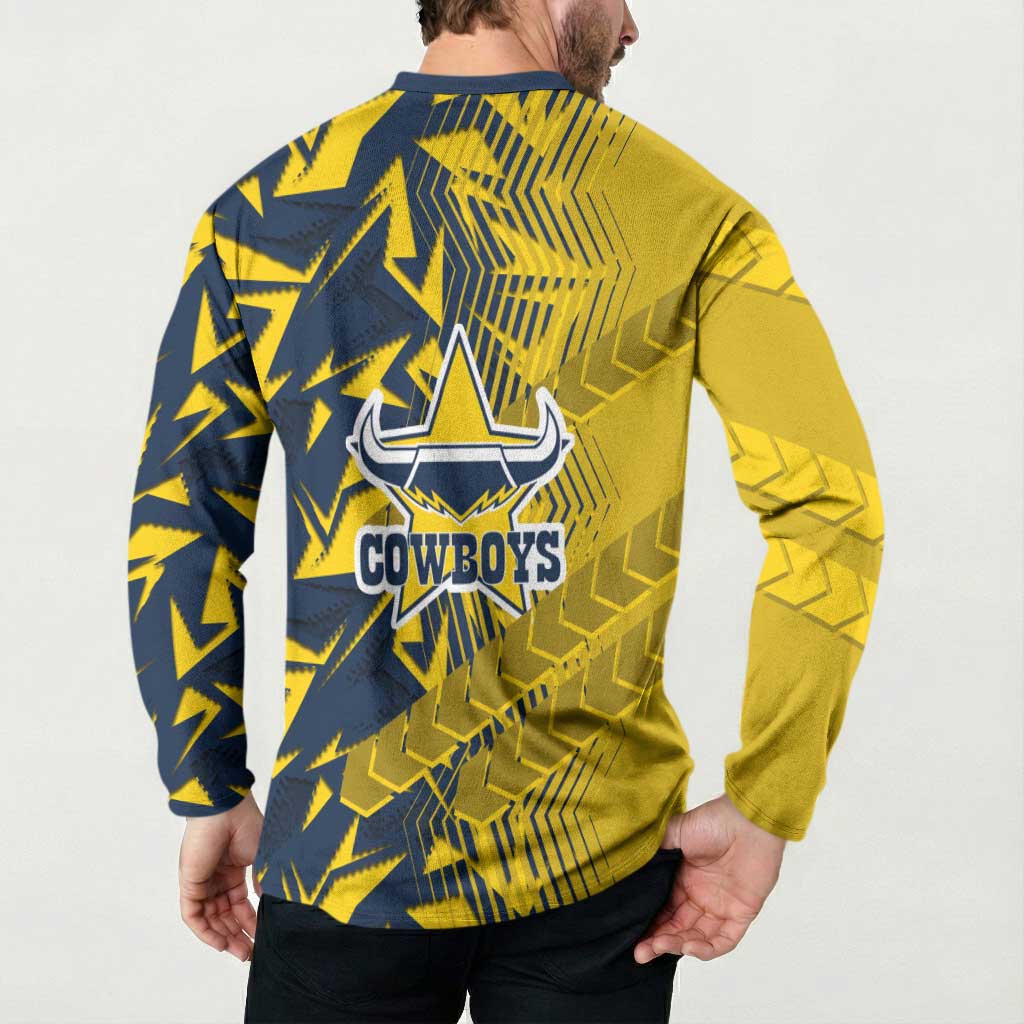 North Queensland Cowboys Rugby Button Sweatshirt Fierce Mascot Geometric Tribal Art